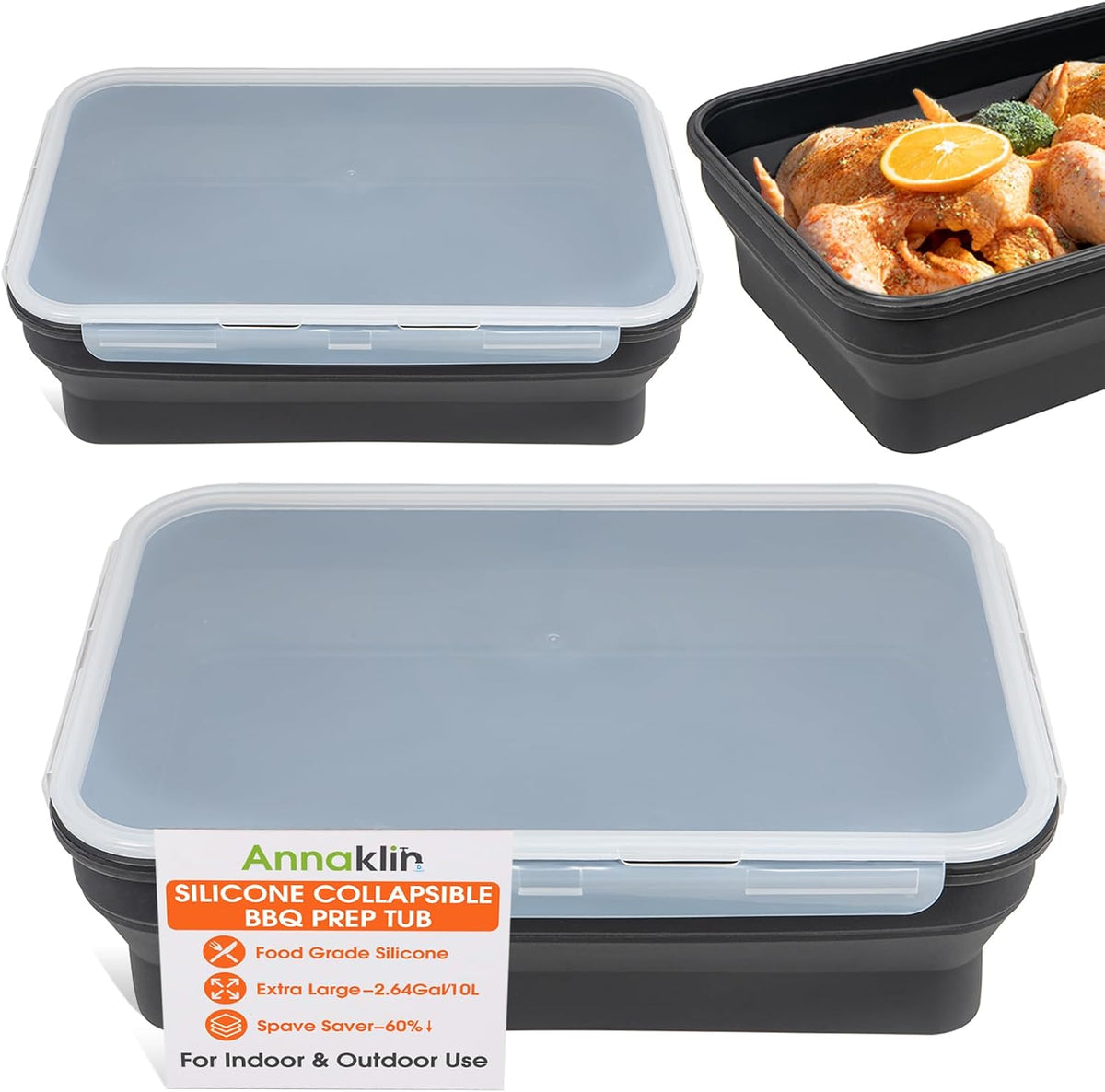 Annaklin collapsible BBQ marinating tub, Black, 2 pack